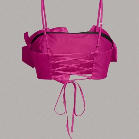 Pink Boho Womens Flower Decor Lace Up Back Cami Top - Picture 2 of 4